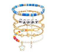 Set di braccialetti da donna, 5 pezzi, impilabili con perle e stelle marine, conchiglie con lettera felice, perline colorate con perline a sfera di argilla blu, catena con clip per l'estate, regalo