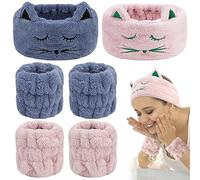Set di braccialetti per il lavaggio del viso, graziose fasce da polso per trucco spa e cura della pelle per lavare il viso, fascia elastica per capelli con animali (bianco grigio)