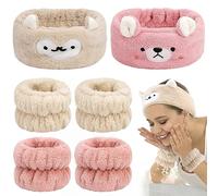 Set di braccialetti per il lavaggio del viso, graziose fasce da polso per trucco spa e cura della pelle per lavare il viso, fascia elastica per capelli con animali (bianco grigio)
