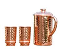 Set di brocca e bicchiere ayurveda in puro rame, con design martellato e 2 bicchieri