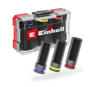 Set di bussole a percussione originale Einhell, 3 pezzi (acciaio CrMo, attacco quadro da ½", lunghezza 80 mm, 17/19/21 mm, fosfato di manganese, anelli colorati, inserto in EVA in M-CASE)