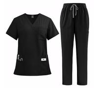 Set di camici Meichoon per donne, uniforme medica con top a V a maniche corte, pantaloni a gamba dritta con 8 tasche, elasticizzati con coulisse, traspirante DK77, Nero , L
