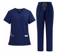 Set di camici Meichoon per donne, uniforme medica con top a V a maniche corte, pantaloni a gamba dritta con 8 tasche, elastico e traspirante DK77, Blu scuro, M