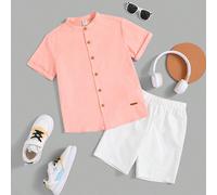 Set Di Camicia A Maniche Corte Con Cintura E Pantaloncini Da Ragazzo, Adatto Per L'estate 6Y,7Y,8Y,9Y,10Y,11-12Y,13-14YLettere,Colore unicoCotone