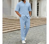 Set di camicia a maniche corte con colletto in tessuto grinzoso e pantaloni con coulisse abbinati, un must-have per uscite e raduni, abbigliamento da gentiluomo di successo, un ottimo regalo per il ma