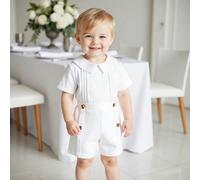 Set di camicia a maniche corte con colletto Peter Pan e pantaloncini, stile da gentiluomo, per bambino, in tessuto morbido e confortevole, adatto per l'estate 6-9M,9-12M,12-18M,18-24M,2-3YColore unico