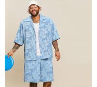 Set di camicia a maniche corte e pantaloncini blu effetto jeans tagliato, adatto per uomo taglia grande, ideale per l'estate 1XL,2XL,3XL,4XL,5XL,6XLPianteTessuto intrecciato