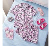 Set di camicia a maniche corte e pantaloncini da ragazza pre-adolescente, con stampa a righe a contrasto su tutto il capo, colletto con risvolto, adatto per l'estate 7Y,8Y,9Y,10Y,11Y,12Y,13Ystampa dap