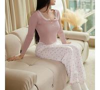 Set di camicia a maniche lunghe con colletto abbottonato e pantaloni lunghi, con stampa corona, dettagli in pizzo a contrasto, adatto per la stagione delle vacanze, splendore floreale abbondante, abit