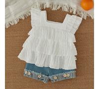 Set di camicia a pieghe monocolore casual per ragazze con arricciature e piccoli fiori ricamati su pantaloncini in denim per le vacanze del tuo bambino/a 6-9M,9-12M,12-18M,18-24M,2-3Y,3-6MFlorealeDeni