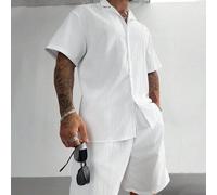 Set di camicia casual a maniche corte bianca e pantaloncini con coulisse per uomo taglia grande. Vestibilità comoda. Ideale per l'estate, la spiaggia, le vacanze e l'uso quotidiano. Ottimo regalo per 