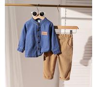 Set di camicia casual a maniche lunghe con colletto alla coreana e ricamo a lettera, e pantaloni lunghi in kaki per bambini maschi, di moda e carino, adatto per casa, raduni e foto 6-9M,9-12M,12-18M,1