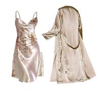 Set di camicia da notte e accappatoio in raso, camicie da notte da donna, confezione da 2, eleganti set da notte di lusso, camicie da notte estive con vestaglia retrò con lacci camicia da notte