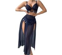 Set di camicia da notte in pizzo seducente da donna, gonna lunga trasparente con paillettes, elegante set di biancheria da notte per notti a rete, lingerie da donna, Blu marino, M