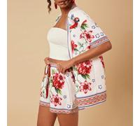 Set di camicia e pantaloncini a stampa tropicale da donna, 2 pezzi, adatto per vacanze, tè pomeridiano, stagione di matrimoni, crociere in spiaggia, viaggi in città, stile boho, festival musicali, abb