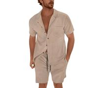 Set di camicia e pantaloncini da uomo, estivo, leggero, con bottoni, a maniche corte, Old Money Clothes da uomo, set da 2 pezzi, tinta unita, per il tempo libero, cachi, L