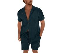 Set di camicia e pantaloncini da uomo, estivo, leggero, con bottoni, a maniche corte, Old Money Clothes da uomo, set da 2 pezzi, tinta unita, per il tempo libero, Verde scuro, XL