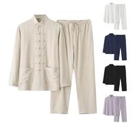 Set di camicia e pantaloni da uomo, in lino, 2 pezzi, per spiaggia, matrimonio, traspirante, a maniche lunghe, con bottoni e pantaloni a gamba dritta, comodo da indossare tutti i giorni, abbigliamento