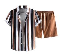 Set di camicie corte da uomo a righe, set estivo da uomo, maniche corte, scollo a risvolto camicetta e vita elastica dritta, pantaloncini casual, vestibilità slim chic, leggero, traspirante, spiaggia