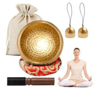 Set di campane tibetane per meditazione in ottone, diametro 8,6 cm, con base in legno, 2 campane in ottone e una custodia, per yoga, meditazione
