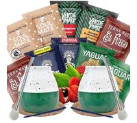 Set di campioni di yerba mate con accessori | Yerba mate Yaguar, Verde Mate, Soul Mate, Guarani, El Fuego | 2x zucca, 2x yerba mate bombilla | 10x50g | Caffeina naturale | 500g | 0,5kg