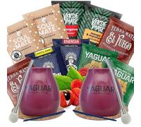 Set di campioni di yerba mate con accessori | Yerba mate Yaguar, Verde Mate, Soul Mate, Guarani, El Fuego | 2x zucca, 2x yerba mate bombilla | 10x50g | Caffeina naturale | 500g | 0,5kg
