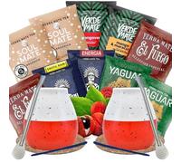 Set di campioni di yerba mate con accessori | Yerba mate Yaguar, Verde Mate, Soul Mate, Guarani, El Fuego | 2x zucca, 2x yerba mate bombilla | 10x50g | Caffeina naturale | 500g | 0,5kg