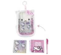 Set di cancelleria peluche Hello Kitty da bambina, astuccio morbido con clip, mini quaderno a spirale e penna rosa, design Kawaii, licenza ufficiale, ideale per scuola, viaggi e regalo