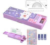 Set di cancelleria per la scuola, 20 pezzi, con astuccio multifunzione pop-up, gomme 4B, righelli, matite HB, set di cancelleria essenziale per studenti che tornano a scuola, Viola, Orso