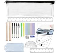 Set di cancelleria per la scuola da 20 pezzi con 4 matite, 4 penne, 2 evidenziatori, gomma, temperamatite, kit geometrico con bussola, astuccio e appunti, set essenziale per il ritorno a scuola e gli