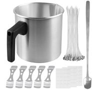 Set di candele fai da te per candele, 1,2 l, vaso per candele con manico resistente al calore, 1 cucchiaio quadrato, 5 supporti con 3 fori, 60 stoppini per candele, 60 fogli di punti adesivi bianchi