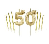 Set di candele per 50° compleanno con corona dorata, con 6 candele lunghe, numeri di compleanno, 50 candele, topper per torta di compleanno, feste, matrimoni, anniversari aziendali (oro, 50)