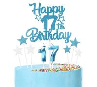 Set di candele per torta per 17° compleanno blu,17° Decorazioni di compleanno per ragazzi,Candele numero 17 per torta,blu stella torta con d'argento per decorazioni di festa per ragazze ragazzi