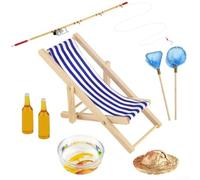 Set di canna da pesca in miniatura con 8 pezzi per fai da te, include mini sedia da pesca, cappello di paglia, ciotola per pesci e bottiglie, adatto per casa delle bambole e decorazione del giardino