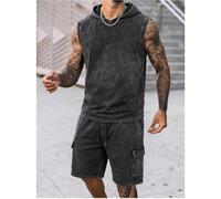 Set di canotta con cappuccio senza maniche e pantaloncini cargo da uomo, lavaggio vintage, con stampa di personaggio cartoni animati a testa scatola, outfit casual streetwear in due pezzi L,M,S,XL,XXL