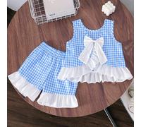 Set di canotta e pantaloncini da ragazza stile campagnolo da vacanza, con rifiniture a volant a quadri, adatto per uscite casual e vacanze, estate 6Y,7Y,4Y,5YBlocchi di colore,quadriPoliestere,Tessuto