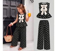 Set di canotta e pantaloni lunghi a pois per ragazze giovani, combina elementi vintage con un design giocoso, semplice ma carino, adatto per uscite quotidiane e gioco, può anche essere abbinato separa