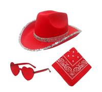 Set di cappelli da cowboy di Natale, cappello da cowboy di Natale,Cappello da cowboy cosplay cappello occidentale - 3X cappello da cowgirl, occhiali Bandana vintage a forma di cuore, cappello da festa