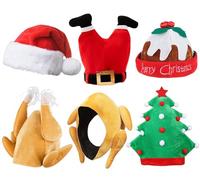Set di Cappelli Natalizi Divertenti - Include Cappelli da Babbo Natale, Cappello a Forma di Tacchino, Cappello da Budino e Cappello ad Albero - Accessori Natalizi Perfetti per Adulti (6 Pezzi)