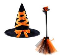 Set di cappello da strega per Halloween, set di scopa da strega arancione per costume, cappello da strega scena, bomboniere per cosplay, 34 cm cappello da strega e scopa da 40 cm