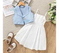 Set di cardigan con collo a revers e abito con spalline sottili per ragazze, colore unito, adatto per uso quotidiano e occasioni leggermente formali, ottimo per la tarda primavera, l'estate e l'inizio