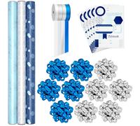Set di carta da regalo Hallmark blu e argento (3 rotoli: 90 piedi quadrati, 10 fiocchi, nastri, etichette regalo, adesivi) per compleanni, Hanukk