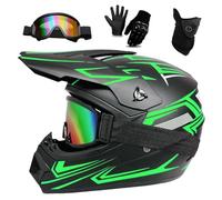 Set di Caschi da Motocross Per Adulti DOT, Caschi Integrali da Corsa Fuoristrada Per Bambini, con Occhiali, Guanti E Maschera, Visiera Parasole Regolabile Unisex-Adulto(905 green,XL (58-59cm))