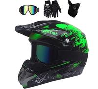 Set di Casco Motocross per Adulti, Con Guanti Occhiali Maschera, Casco Integrale per Gioventù Bambini MTB Fuoristrada, Casco da Go Kart, Casco da Corsa ATV MX Downhill Quad Dirt Bike Enduro(Color:Gree