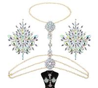 Set di catena per petto e corpo con strass scintillanti, gioielli per il corpo con glitter regolabili con 2 gemme adesive per il seno