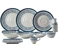 Set di cena elegante per un ristorante di lusso e una casa, 28 pezzi COMBINAZIONE CENA CANE | Linee blu e bianche dipinte a mano cereali e piastre di bistecca set di attrezzi da cucina
