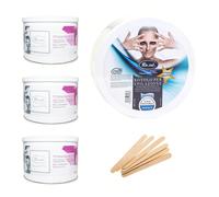 Set di cera depilatoria professionale (3 barattoli + 1 rotolo di carta + 6 spatole in legno) Descrizione:Set completo per una depilazione professionale a casa o in salone. Include 3 lattine di cera ca