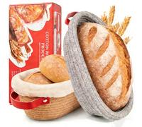 Set di cestini da lievitazione per pane con lievito madre - 2 x 26 cm ovali con coperchio e rivestimento | Set di partenza per cestini da lievitazione con lievito naturale, accessori da forno, regalo