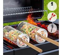 Set di cestini per grigliare - 2 Pezzi Cestello per Grigliare Rotante con manico in legno rimovibile(30 ×10 cm+29×9 cm) Cestini per Barbecue da Campeggio All'aperto Portatile Carne