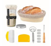 Set di Cestino Lievitazione Pane Ovale 25cm con Barattolo per Lievito Naturale da 650 Ml, Spatola in Metallo + Spatola in Plastica + Impastatrice + Lama per Pane, Ideale per Pasta Madre
